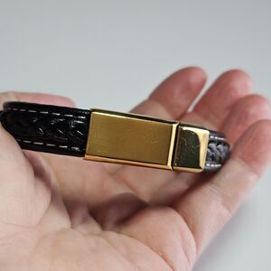 Stainless Steel Gold Tone 6.5" Magnetic Black Braided Leather Bracelet Unisex